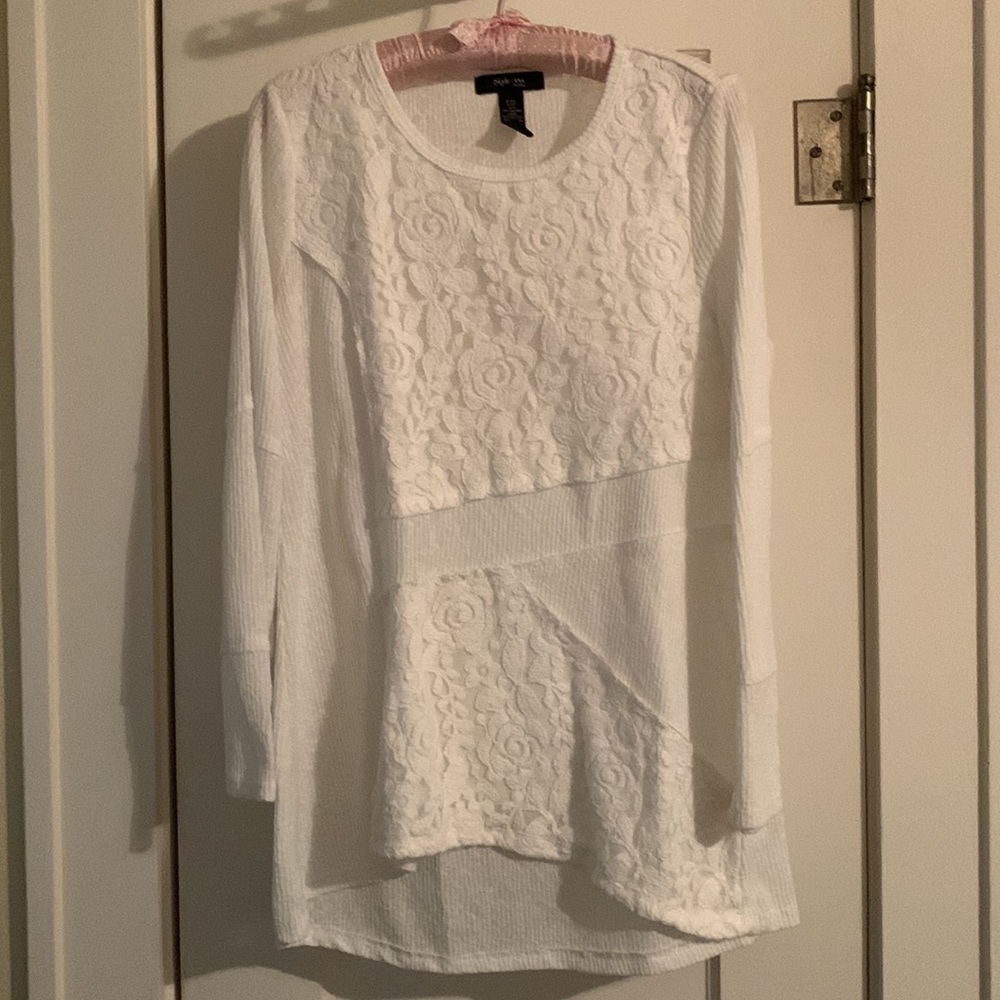 Style & Co. Lacy Top, Long Sleeve, Elevated Tee Style, Mixed Textiles, Feminine